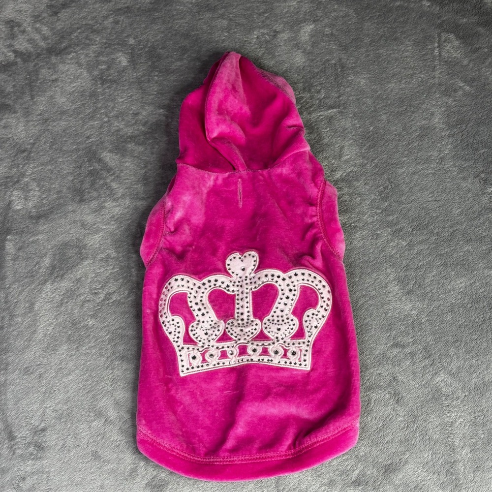 Lulupink Pet Hoodie Dog Vest Sz M Pink Velour Rhinestone Crown Y2K Glam Princess